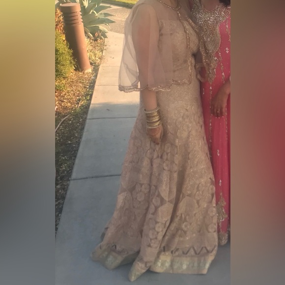 Golden Indian bridal/formal Lengha with sheer cape and heavy embroidery - Picture 3 of 3